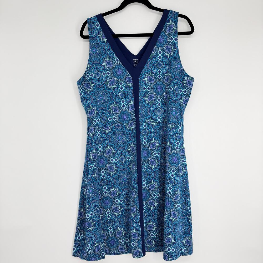 Title Nine Blue Geometric Mandala V-Neck Back A-Line Casual Womens Dress XL